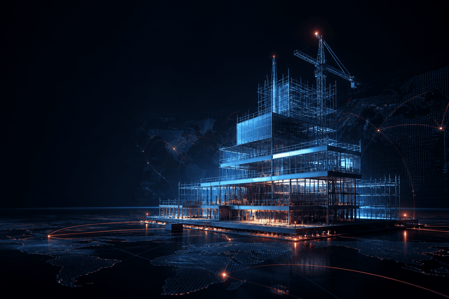 A premium digital headquarters being constructed across a global logistics network