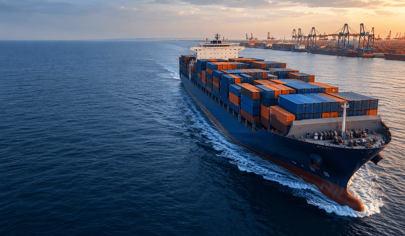 Illustrative container ship at sea in warm evening light