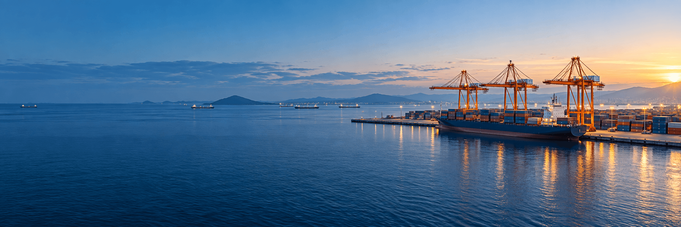Illustrative panoramic container port with blue water and orange cranes at sunrise